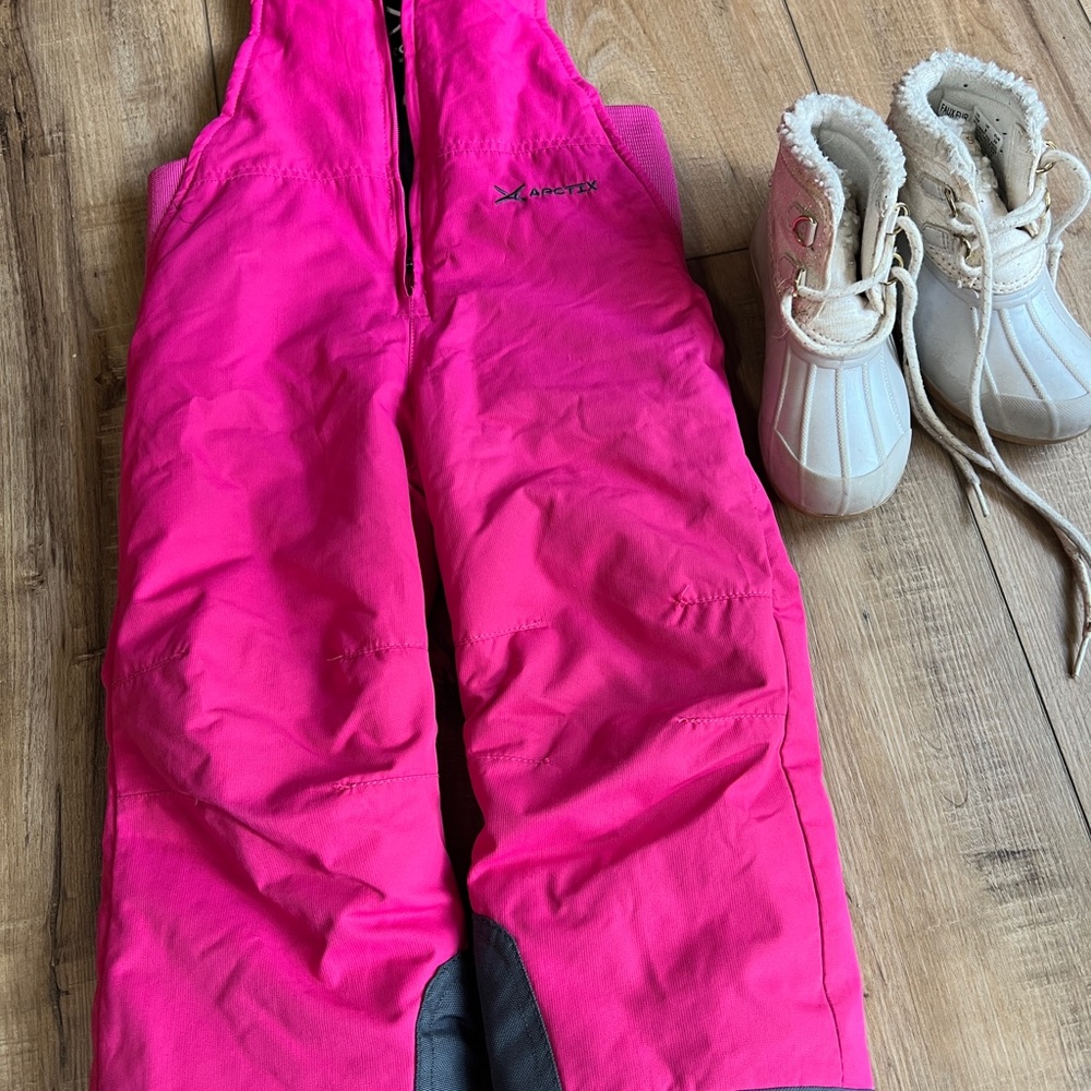 Arctix Fuchsia Snow Bibs and Sperry boots